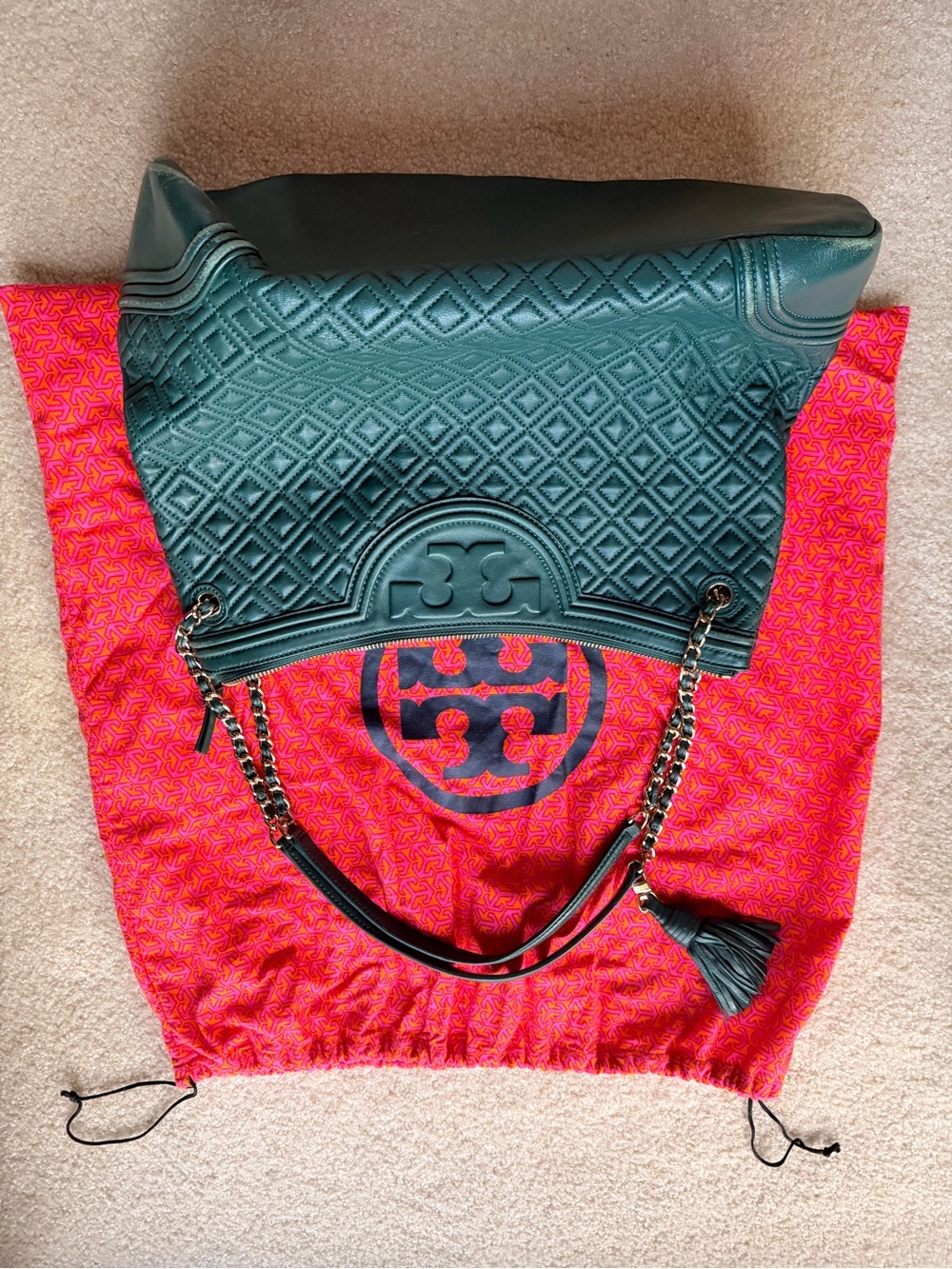 Tory Burch Teal Quilted Leather Shoulder Bag with Chain Strap and Tassel